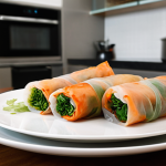 **

A close-up shot of perfectly plated "Gỏi cuốn" (Vietnamese spring rolls) with vibrant herbs and dipping sauce. The background is a modern, clean kitchen with stainless steel appliances slightly blurred. Focus is on the texture and colors of the spring rolls. Keywords: Vietnamese cuisine, food plating, professional kitchen.

**