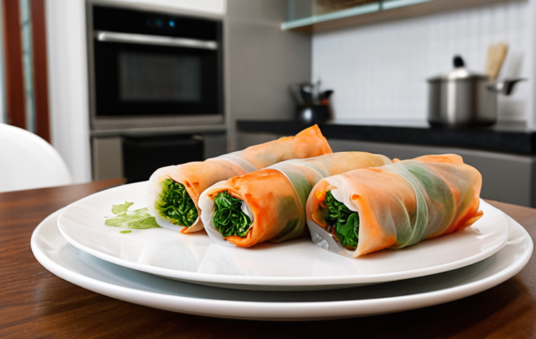 **

A close-up shot of perfectly plated "Gỏi cuốn" (Vietnamese spring rolls) with vibrant herbs and dipping sauce. The background is a modern, clean kitchen with stainless steel appliances slightly blurred. Focus is on the texture and colors of the spring rolls. Keywords: Vietnamese cuisine, food plating, professional kitchen.

**