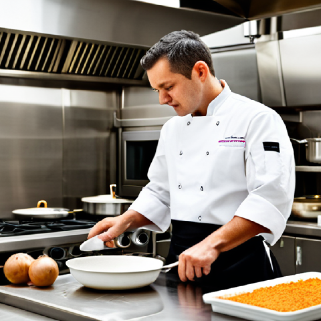 A focused professional chef in a crisp, modest white chef's jacket and a dark apron, standing confidently. The image visually contrasts two kitchen environments: one side depicts a pristine, brightly lit culinary school kitchen with neatly arranged stainless steel equipment and fresh, prepped ingredients; the other side shows a bustling, dynamic professional restaurant kitchen, filled with activity, steam rising from pans, and a sense of high-pressure work. The chef's expression conveys determination and a readiness for real-world culinary challenges. Perfect anatomy, correct proportions, natural pose, well-formed hands, proper finger count, natural body proportions. Professional photography, high quality, realistic, safe for work, appropriate content, fully clothed, professional, family-friendly.
