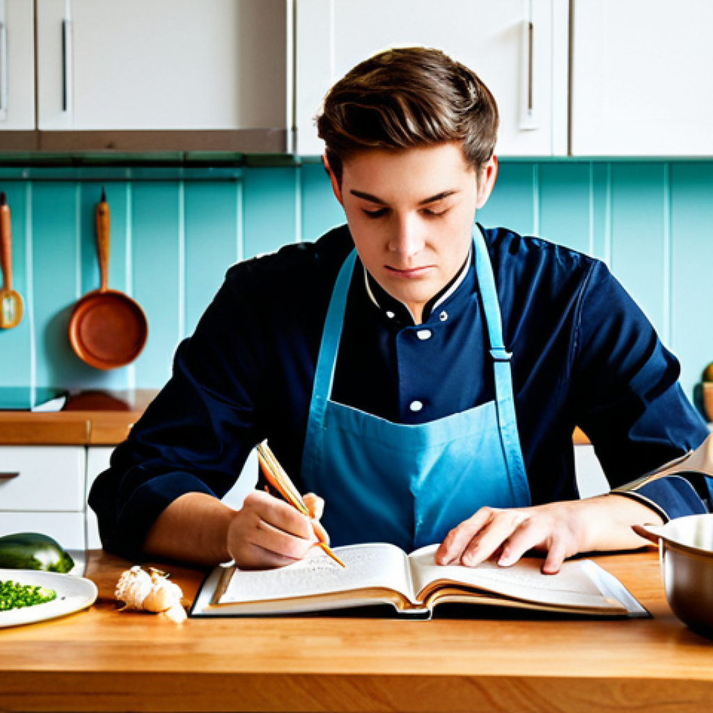 Self-Study Chef**

"A young adult studying a cookbook in a brightly lit kitchen, surrounded by cooking utensils, fully clothed, modest attire, safe for work, appropriate content, perfect anatomy, natural proportions, professional photography, family-friendly."

**