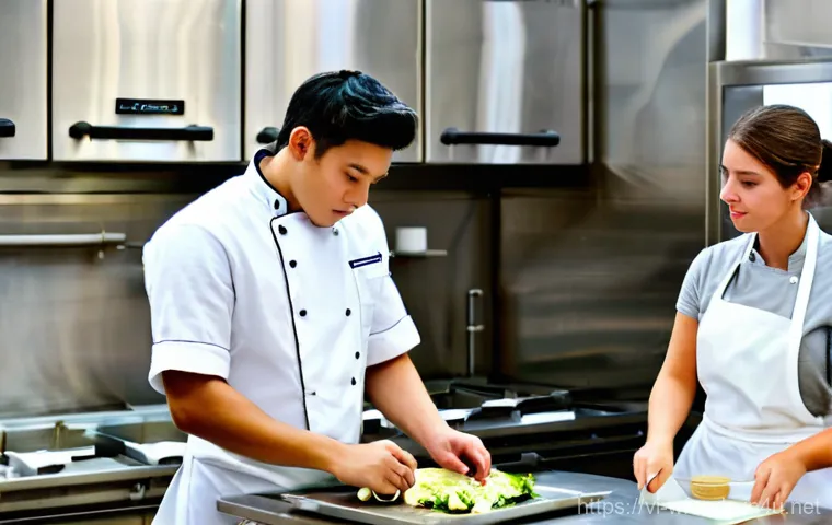 양식조리 기능사 실기 시험 팁 - **Prompt:** A young female chef, late 20s, with an expression of thoughtful satisfaction, is in the ...