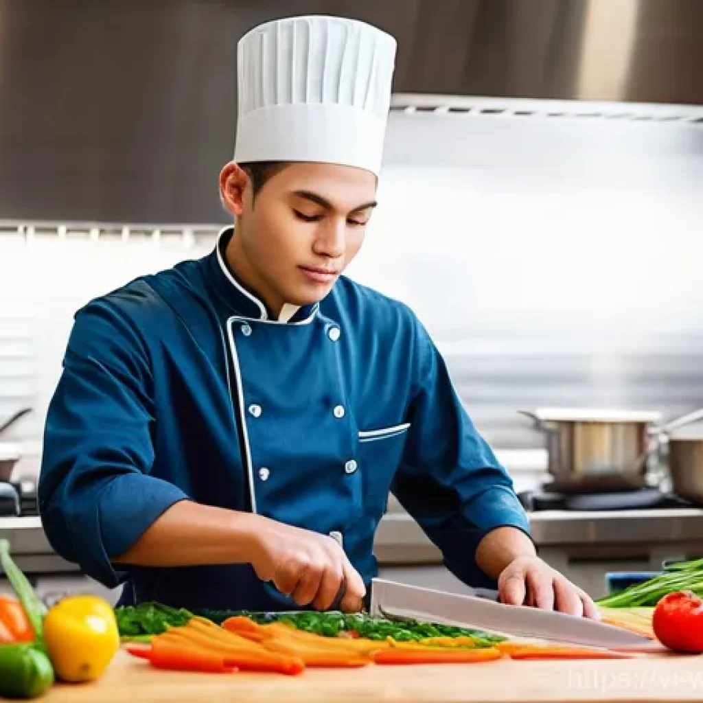 양식조리사로 일하면서 가장 보람찼던 순간 - **A Young Chef's Aspiring Start:**
    A determined young male chef, early 20s, intensely focused on...