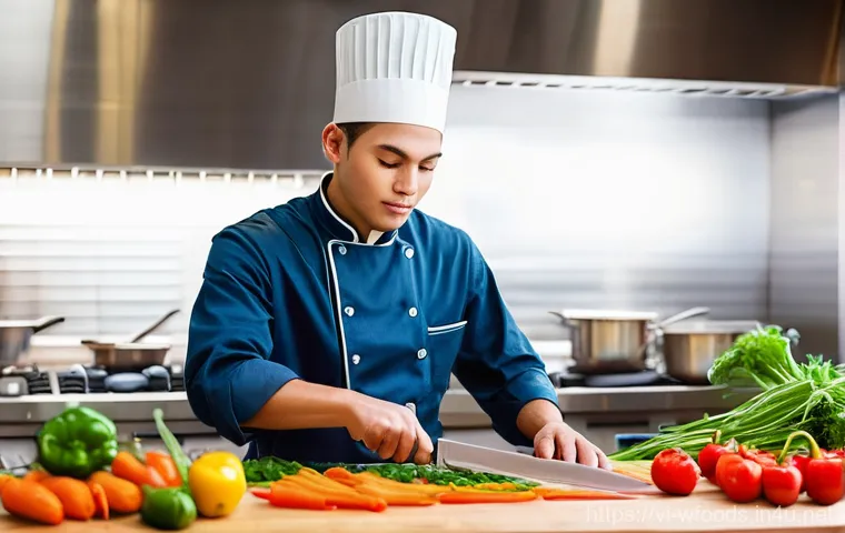 양식조리사로 일하면서 가장 보람찼던 순간 - **A Young Chef's Aspiring Start:**
    A determined young male chef, early 20s, intensely focused on...