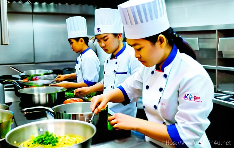 양식조리 자격증 시험 일정 2025 - A confident, professional chef, of Vietnamese descent, stands proudly in a gleaming, state-of-the-ar...