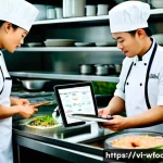 양식조리사 업무일지 작성법 - A busy Vietnamese kitchen scene with chefs wearing clean uniforms and aprons, using a digital tablet...