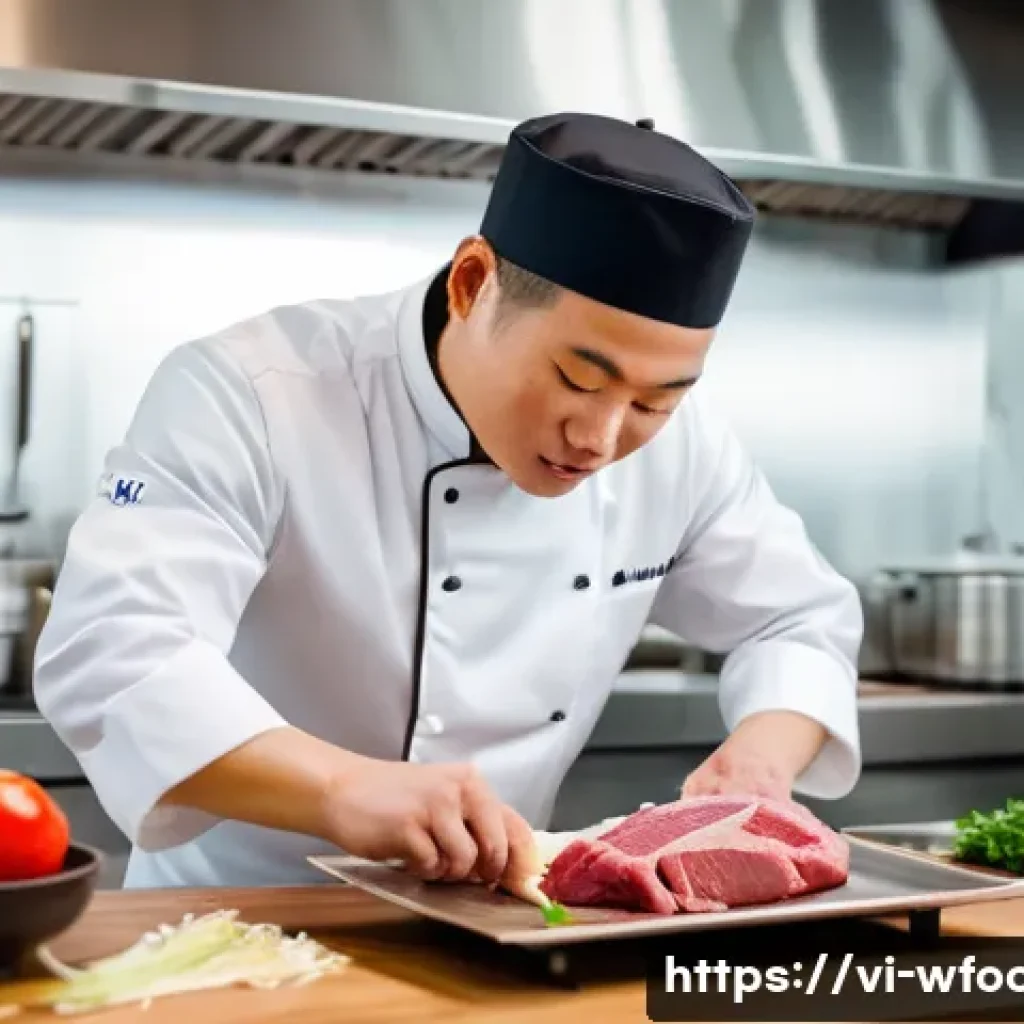 양식조리 기능사 실기 시험 합격 전략 - A detailed kitchen scene showing a Vietnamese chef in clean, professional attire carefully slicing f...
