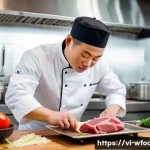 양식조리 기능사 실기 시험 합격 전략 - A detailed kitchen scene showing a Vietnamese chef in clean, professional attire carefully slicing f...
