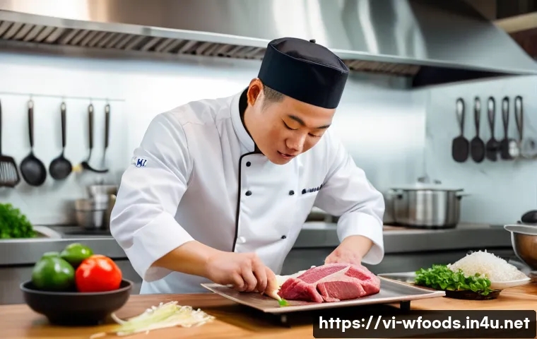 양식조리 기능사 실기 시험 합격 전략 - A detailed kitchen scene showing a Vietnamese chef in clean, professional attire carefully slicing f...