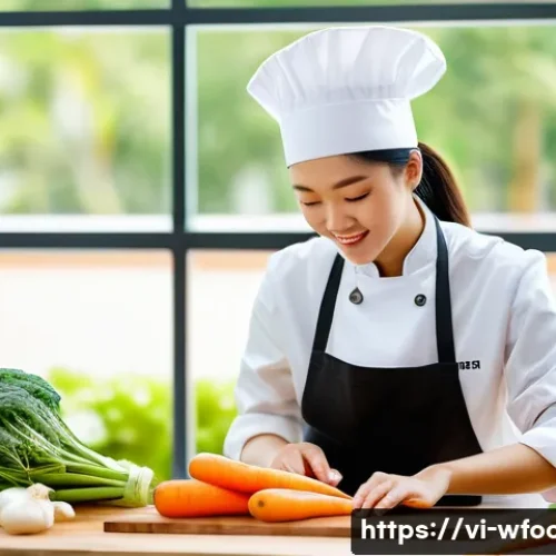 양식조리 기능사 합격 수기 - A Vietnamese culinary student in a modern kitchen, wearing a clean chef uniform with a hat and apron...