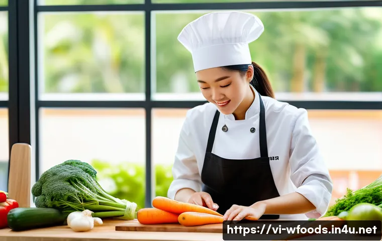 양식조리 기능사 합격 수기 - A Vietnamese culinary student in a modern kitchen, wearing a clean chef uniform with a hat and apron...