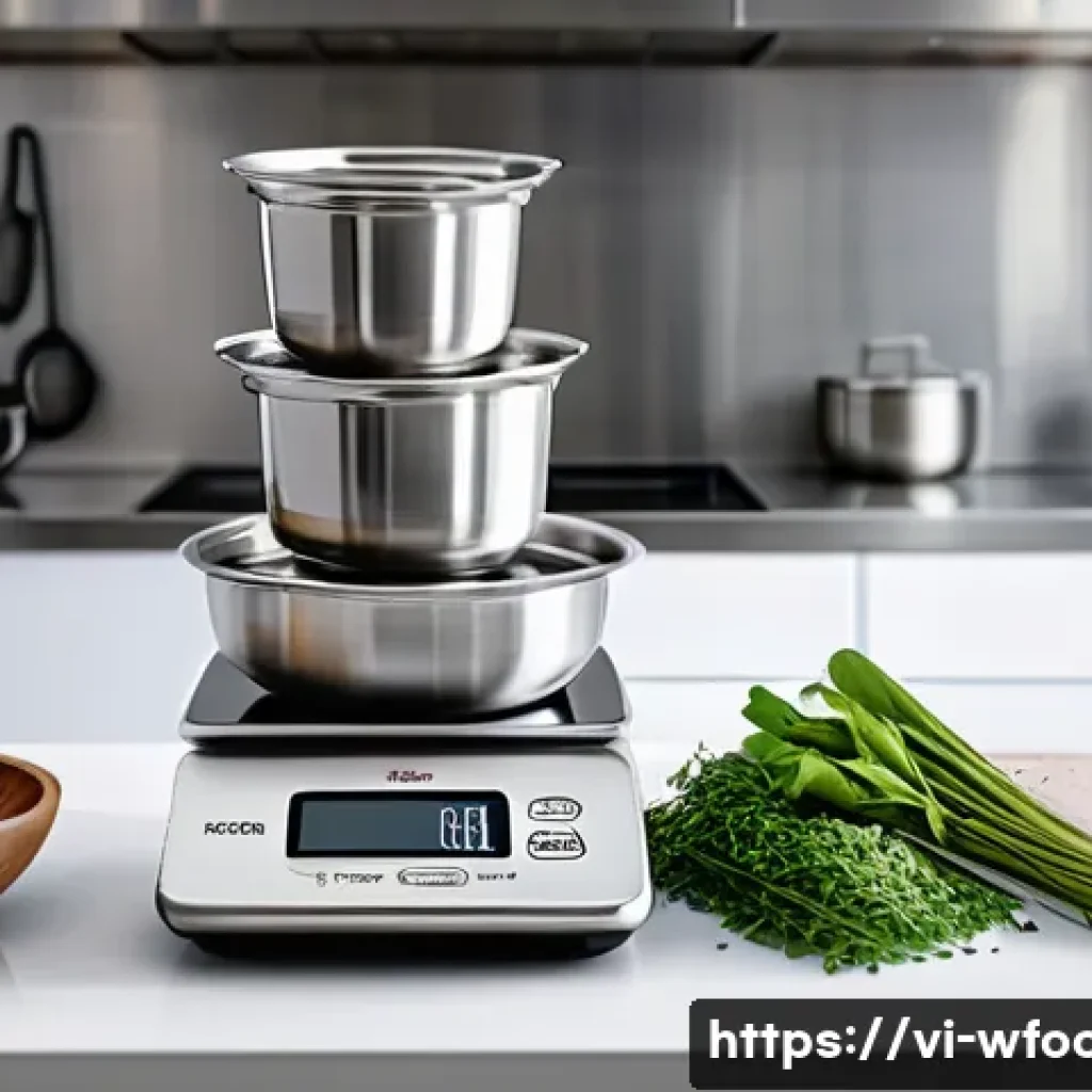 양식조리 자격증 필수 장비 리뷰 - A professional kitchen scene showcasing a digital kitchen scale with precise ingredient measurements...