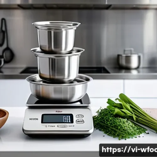 양식조리 자격증 필수 장비 리뷰 - A professional kitchen scene showcasing a digital kitchen scale with precise ingredient measurements...