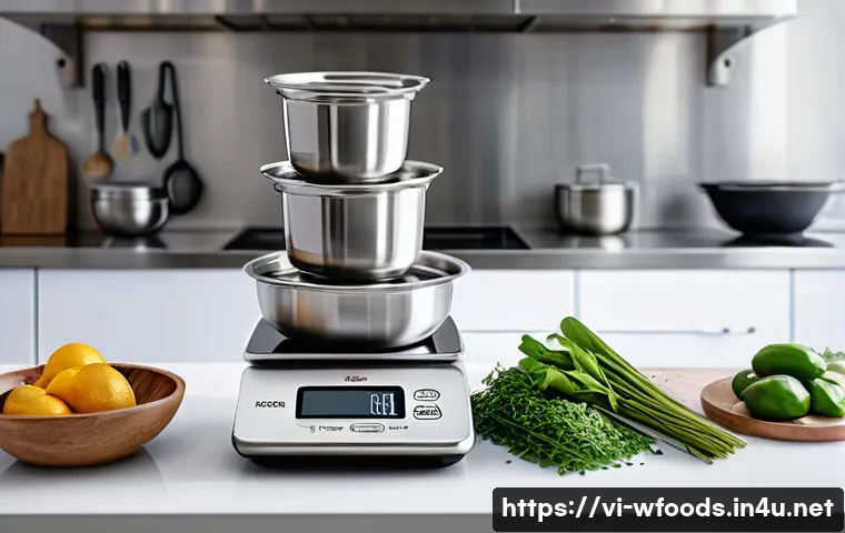 양식조리 자격증 필수 장비 리뷰 - A professional kitchen scene showcasing a digital kitchen scale with precise ingredient measurements...
