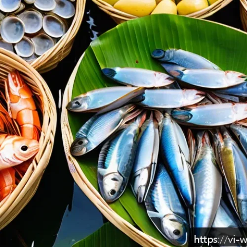 양식조리 기능사 시험 합격자 수기 - A vibrant Vietnamese seafood market scene showcasing fresh, glistening fish with clear, bright eyes ...