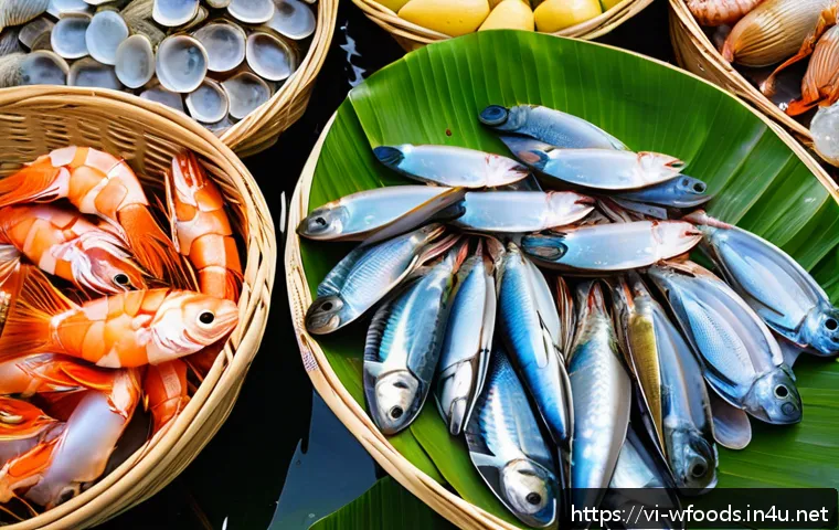 양식조리 기능사 시험 합격자 수기 - A vibrant Vietnamese seafood market scene showcasing fresh, glistening fish with clear, bright eyes ...