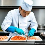 양식조리사 해외 연수 프로그램 정보 - A professional chef in a modern international kitchen carefully preparing fresh seafood ingredients,...