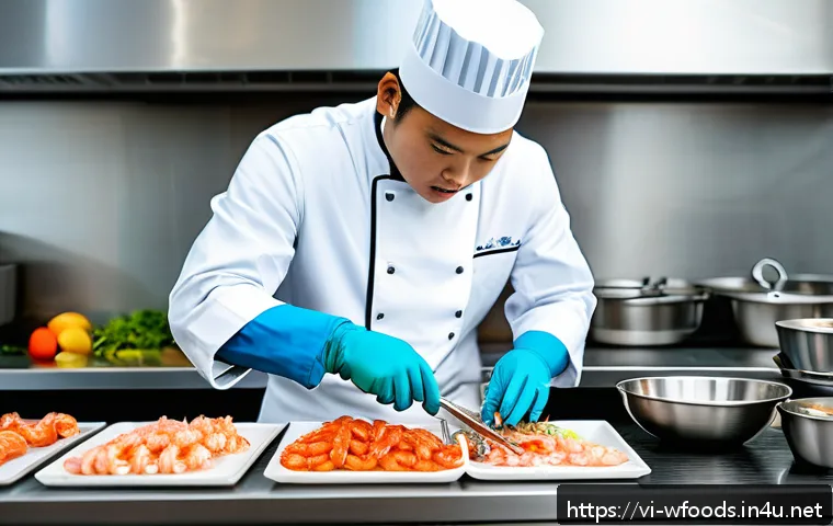 양식조리사 해외 연수 프로그램 정보 - A professional chef in a modern international kitchen carefully preparing fresh seafood ingredients,...