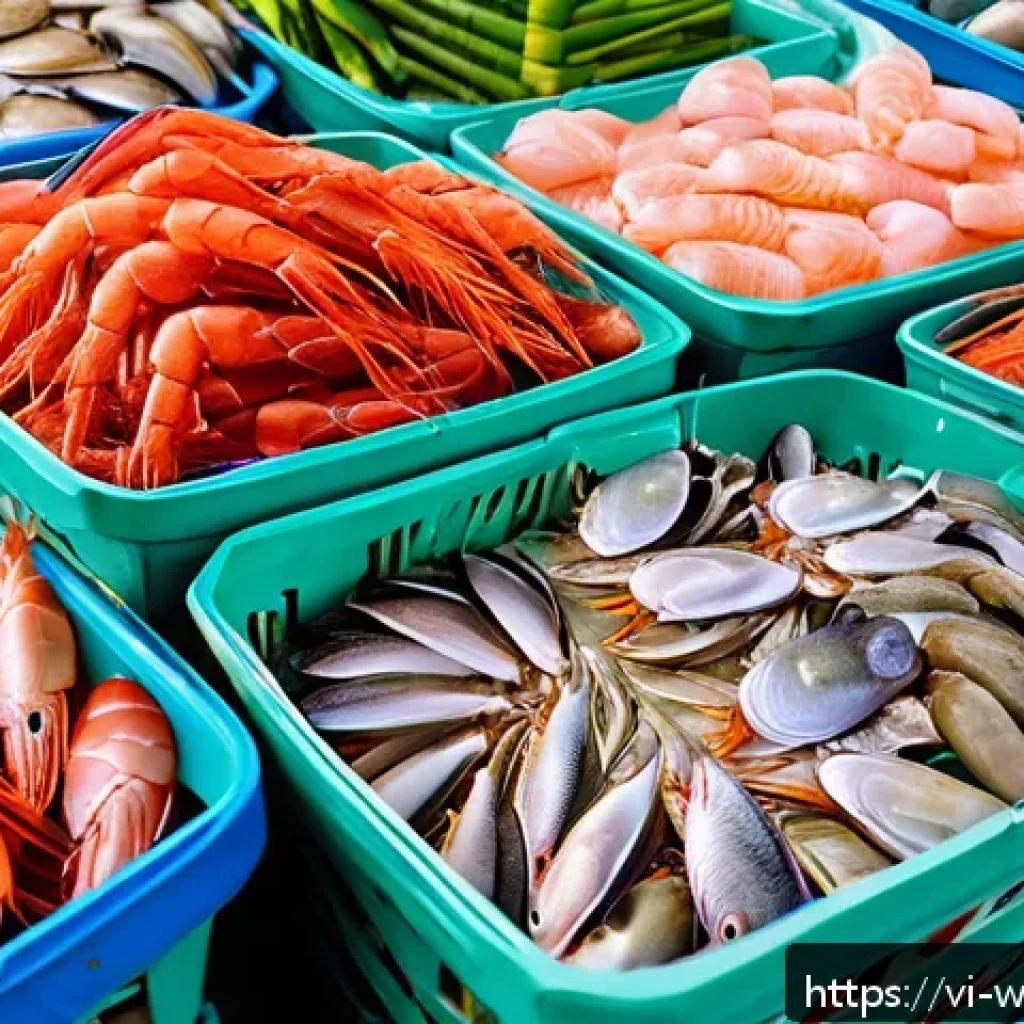 양식조리 기능사 준비를 위한 모의 시험 팁 - A vibrant Vietnamese seafood market scene showcasing a diverse array of fresh seafood including pink...
