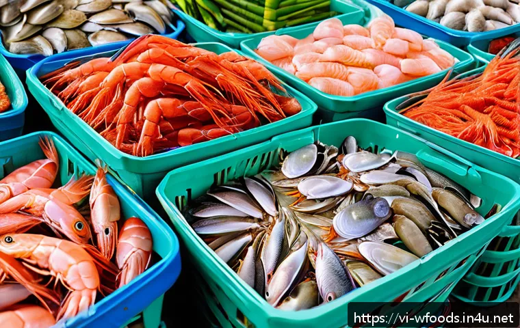 양식조리 기능사 준비를 위한 모의 시험 팁 - A vibrant Vietnamese seafood market scene showcasing a diverse array of fresh seafood including pink...